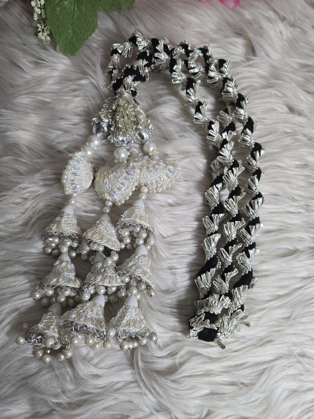 Handmade White and Silver Jhumar Tassel Paranda Hair Piece